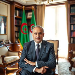 A portrait of a mayor sitting confidently in his spacious office, with the Algerian flag prominently displayed behind him