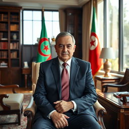 A portrait of a mayor sitting confidently in his spacious office, with the Algerian flag prominently displayed behind him