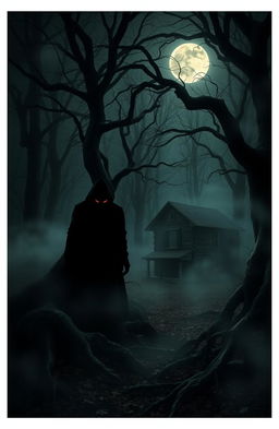A dark, eerie forest shrouded in mist, where twisted trees loom ominously overhead