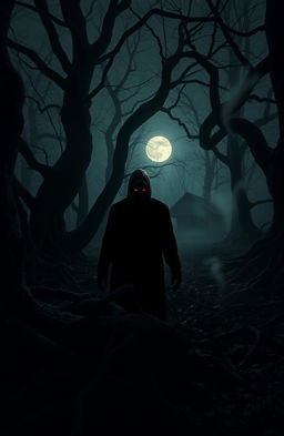 A dark, eerie forest shrouded in mist, where twisted trees loom ominously overhead