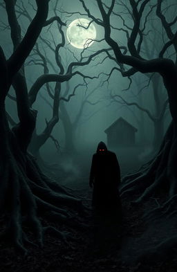A dark, eerie forest shrouded in mist, where twisted trees loom ominously overhead