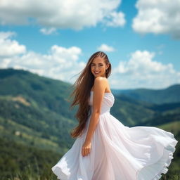A stunningly beautiful woman standing in a picturesque landscape, with flowing hair, an elegant dress that dances with the breeze, and a radiant smile