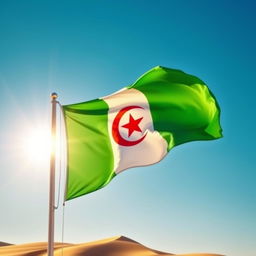 The flag of Algeria, featuring a green and white vertical bicolor with a red crescent and a five-pointed star in the center