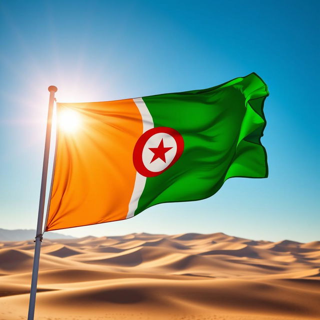 The flag of Algeria, featuring a green and white vertical bicolor with a red crescent and a five-pointed star in the center