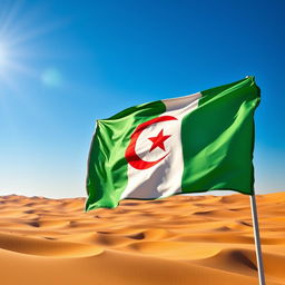 The flag of Algeria, featuring a green and white vertical bicolor with a red crescent and a five-pointed star in the center