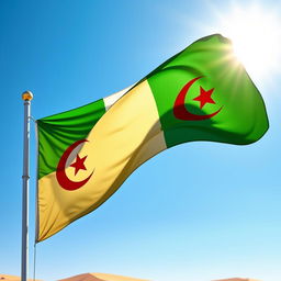 The flag of Algeria, featuring a green and white vertical bicolor with a red crescent and a five-pointed star in the center