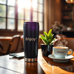 A vibrant and eye-catching commercial photo showcasing a beautifully designed travel mug from Enjoy and Tyseo