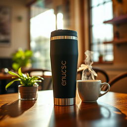 A vibrant and eye-catching commercial photo showcasing a beautifully designed travel mug from Enjoy and Tyseo