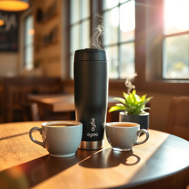 A vibrant and eye-catching commercial photo showcasing a beautifully designed travel mug from Enjoy and Tyseo