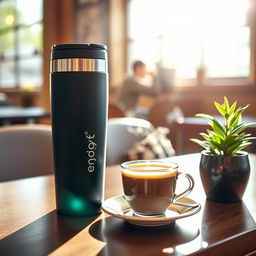 A vibrant and eye-catching commercial photo showcasing a beautifully designed travel mug from Enjoy and Tyseo