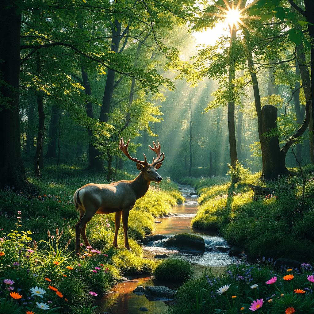 A vibrant and lush forest scene with rays of sunlight filtering through the thick canopy of green leaves