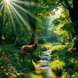 A vibrant and lush forest scene with rays of sunlight filtering through the thick canopy of green leaves
