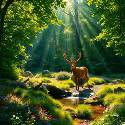 A vibrant and lush forest scene with rays of sunlight filtering through the thick canopy of green leaves