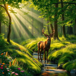 A vibrant and lush forest scene with rays of sunlight filtering through the thick canopy of green leaves