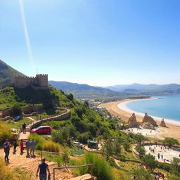 A scenic view capturing the beauty of Ajloun, featuring lush green hills and the historic Ajloun Castle with its ancient stone architecture under a clear blue sky