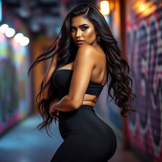 A stunningly beautiful and seductive curvy woman exuding confidence, with long flowing hair, wearing a stylish and form-fitting outfit