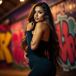 A stunningly beautiful and seductive curvy woman exuding confidence, with long flowing hair, wearing a stylish and form-fitting outfit