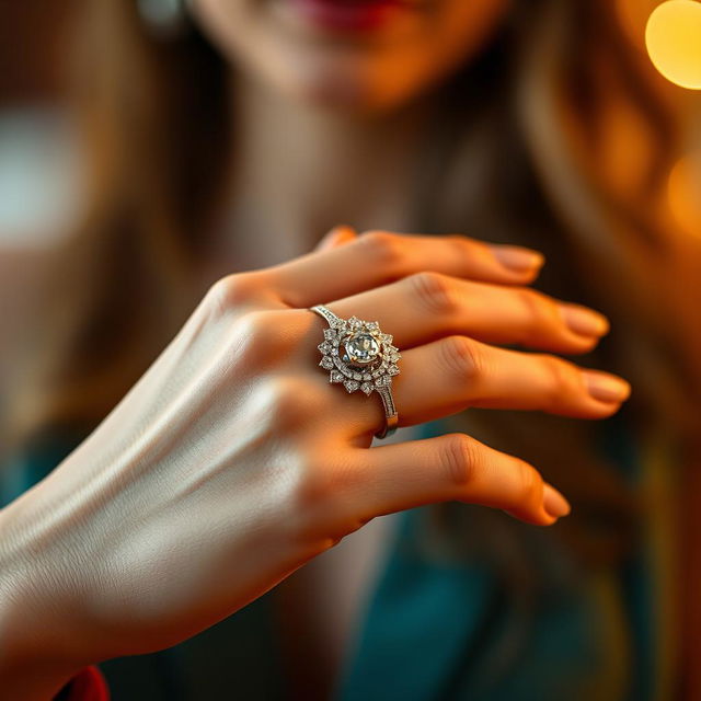 A close-up of a woman's hand delicately holding a beautiful ring, showcasing intricate designs and sparkling gemstones