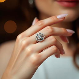 A close-up of a woman's hand delicately holding a beautiful ring, showcasing intricate designs and sparkling gemstones
