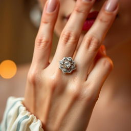 A close-up of a woman's hand delicately holding a beautiful ring, showcasing intricate designs and sparkling gemstones