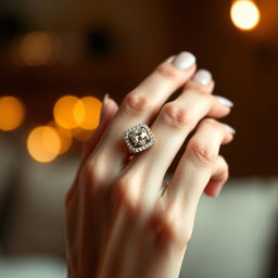 A close-up of a woman's hand delicately holding a beautiful ring, showcasing intricate designs and sparkling gemstones