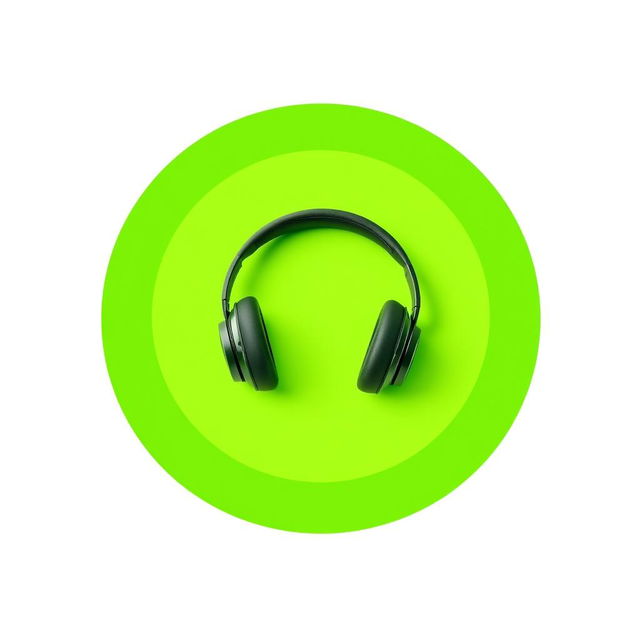 A green circle containing a pair of stylish headphones, centered within the circle