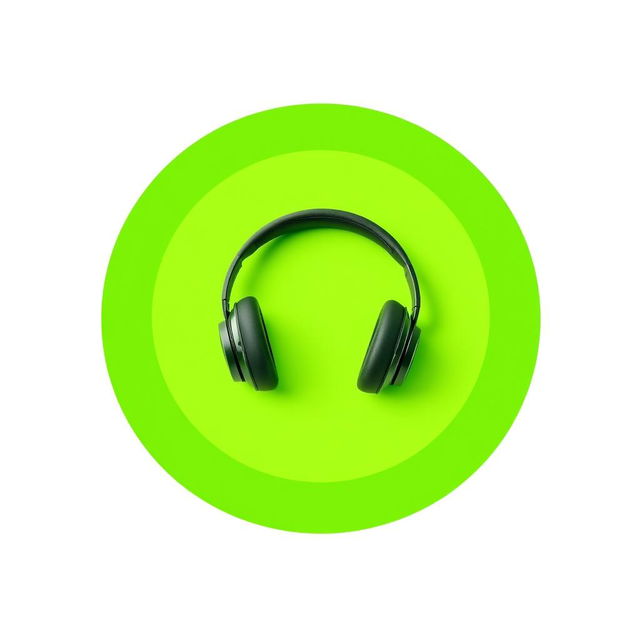 A green circle containing a pair of stylish headphones, centered within the circle