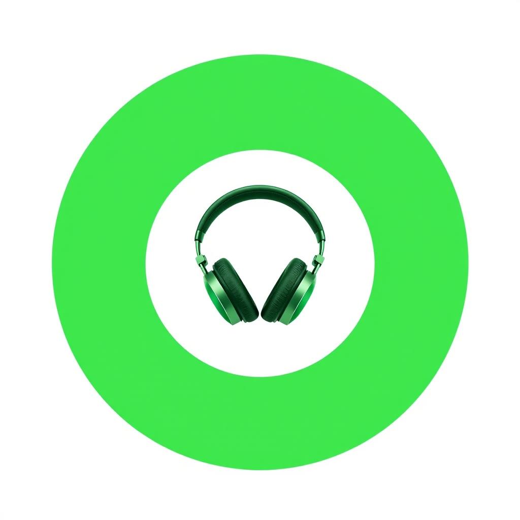 A green circle containing a pair of stylish headphones, centered within the circle
