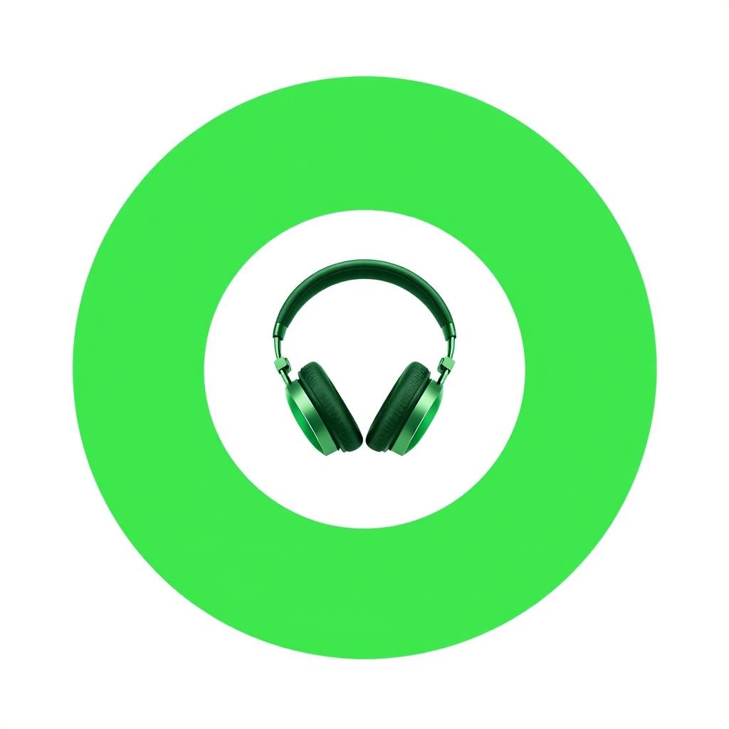 A green circle containing a pair of stylish headphones, centered within the circle