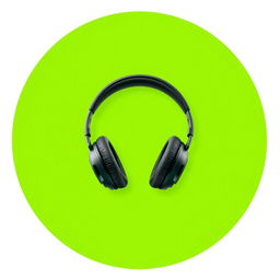 A green circle containing a pair of stylish headphones, centered within the circle