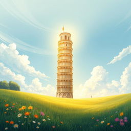 An enchanting light novel cover featuring a glimmering golden Tower of Pisa that stands majestically straight up, reaching towards the fluffy white clouds above