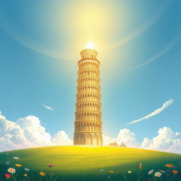 An enchanting light novel cover featuring a glimmering golden Tower of Pisa that stands majestically straight up, reaching towards the fluffy white clouds above