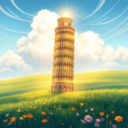 An enchanting light novel cover featuring a glimmering golden Tower of Pisa that stands majestically straight up, reaching towards the fluffy white clouds above
