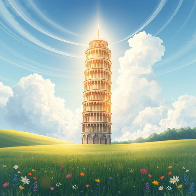 An enchanting light novel cover featuring a glimmering golden Tower of Pisa that stands majestically straight up, reaching towards the fluffy white clouds above