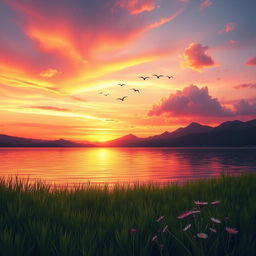 A serene, atmospheric landscape illustrating a tranquil sunset over a calm lake, with mountains silhouetted against the fiery orange, pink, and purple hues of the sky