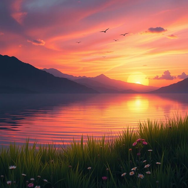 A serene, atmospheric landscape illustrating a tranquil sunset over a calm lake, with mountains silhouetted against the fiery orange, pink, and purple hues of the sky