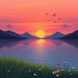 A serene, atmospheric landscape illustrating a tranquil sunset over a calm lake, with mountains silhouetted against the fiery orange, pink, and purple hues of the sky