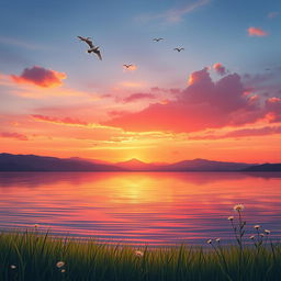 A serene, atmospheric landscape illustrating a tranquil sunset over a calm lake, with mountains silhouetted against the fiery orange, pink, and purple hues of the sky