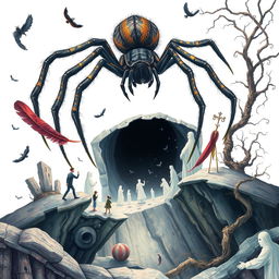 An imaginative representation of phobia disorder illustrated as a surreal landscape where various representations of different phobias manifest creatively