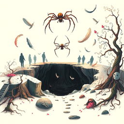 An imaginative representation of phobia disorder illustrated as a surreal landscape where various representations of different phobias manifest creatively