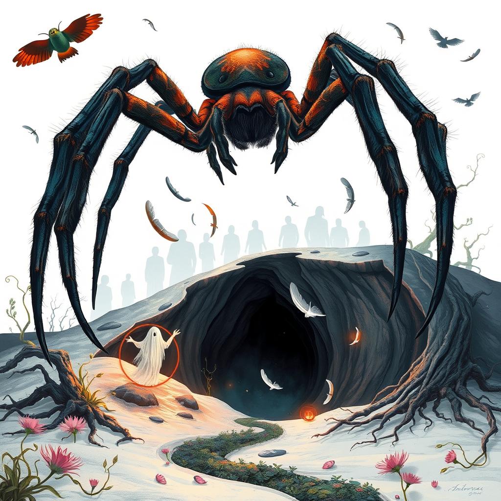 An imaginative representation of phobia disorder illustrated as a surreal landscape where various representations of different phobias manifest creatively