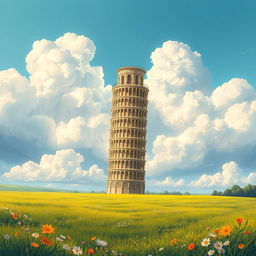 A stunning light novel cover inspired by Greek mythology art style featuring a glimmering golden Tower of Pisa standing majestically upright, piercing the clouds above