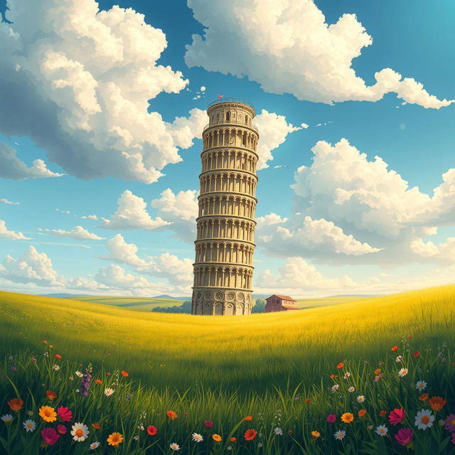 A stunning light novel cover inspired by Greek mythology art style featuring a glimmering golden Tower of Pisa standing majestically upright, piercing the clouds above