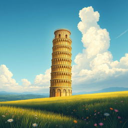 A stunning light novel cover inspired by Greek mythology art style featuring a glimmering golden Tower of Pisa standing majestically upright, piercing the clouds above