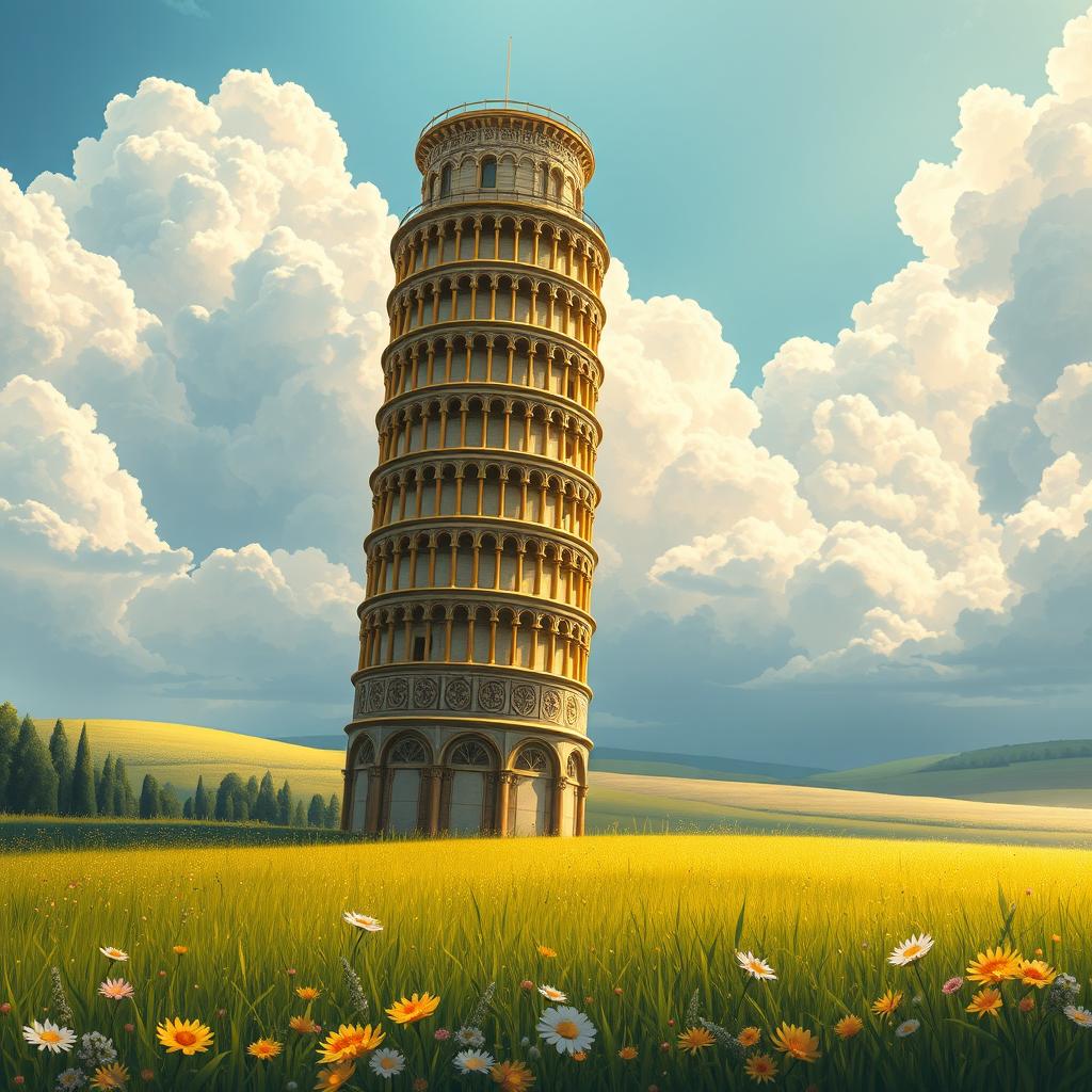 A stunning light novel cover inspired by Greek mythology art style featuring a glimmering golden Tower of Pisa standing majestically upright, piercing the clouds above