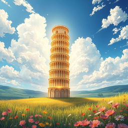 A mesmerizing light novel cover in a fantasy art style featuring a glimmering golden Tower of Pisa standing proudly upright, stretching high into the clouds above