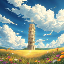 A mesmerizing light novel cover in a fantasy art style featuring a glimmering golden Tower of Pisa standing proudly upright, stretching high into the clouds above