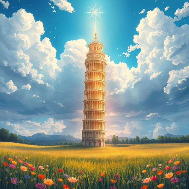 A mesmerizing light novel cover in a fantasy art style featuring a glimmering golden Tower of Pisa standing proudly upright, stretching high into the clouds above