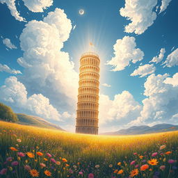 A mesmerizing light novel cover in a fantasy art style featuring a glimmering golden Tower of Pisa standing proudly upright, stretching high into the clouds above