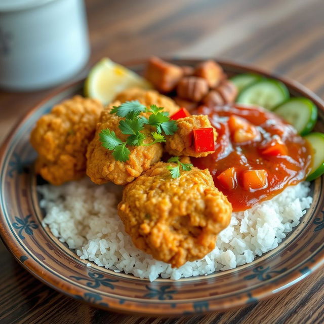 A beautifully plated serving of Ayam Geprek, a popular Indonesian dish featuring crispy fried chicken that is smashed and served with a spicy sambal sauce